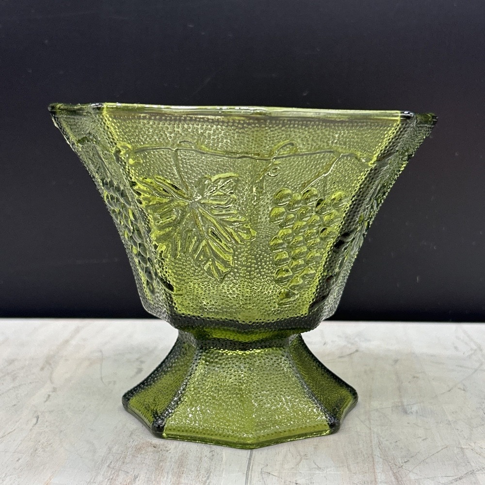 Vintage Anchor Hocking Green Footed Glass Candy Dish Grape and Leaves Design